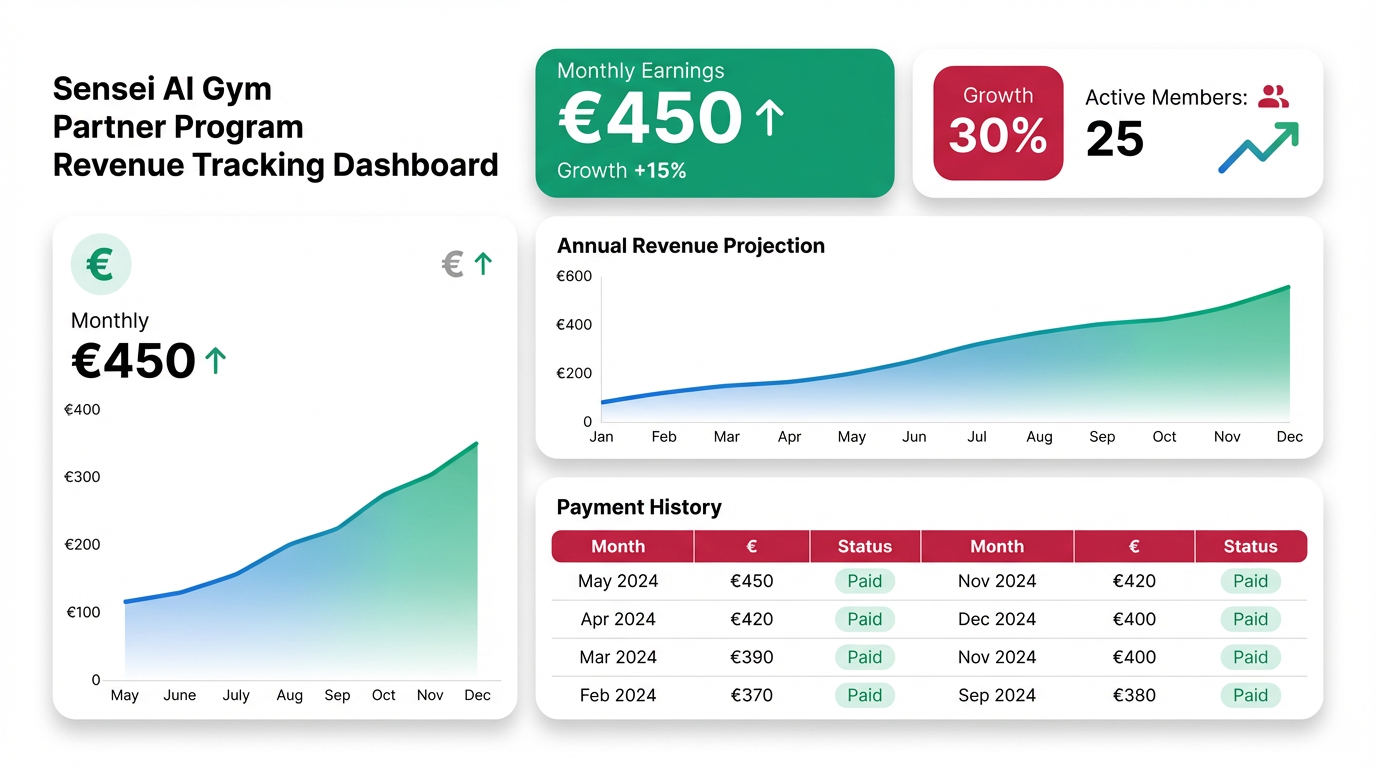 Revenue Tracking Dashboard showing monthly earnings, commission tier, and payment history