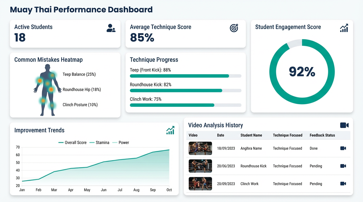 Student Analytics Dashboard showing technique progress, common mistakes, and video analysis history